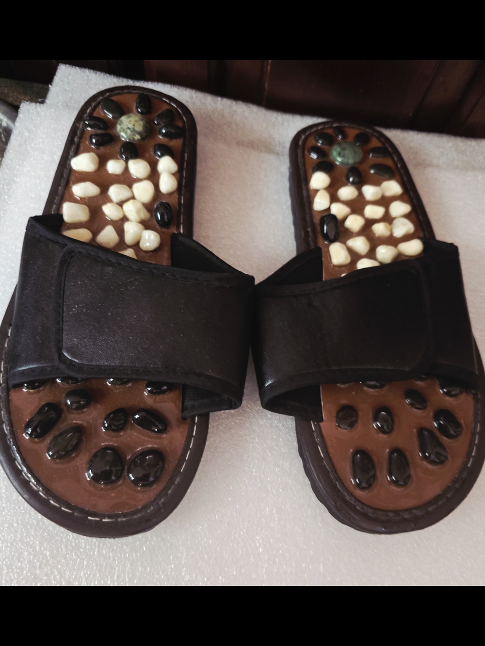 Black Slide Reflexology Massage Sandals with Brown Footbed and Crystal Accents